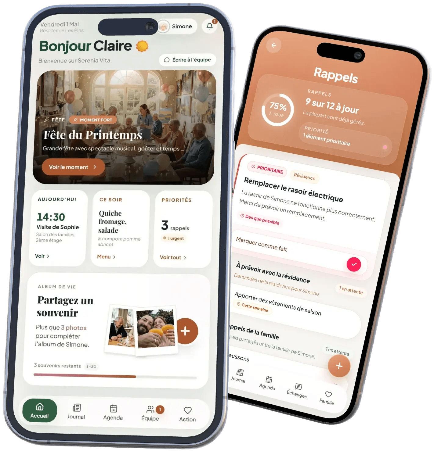 L'accueil famille et les rappels de Serenia Vita sur mobile